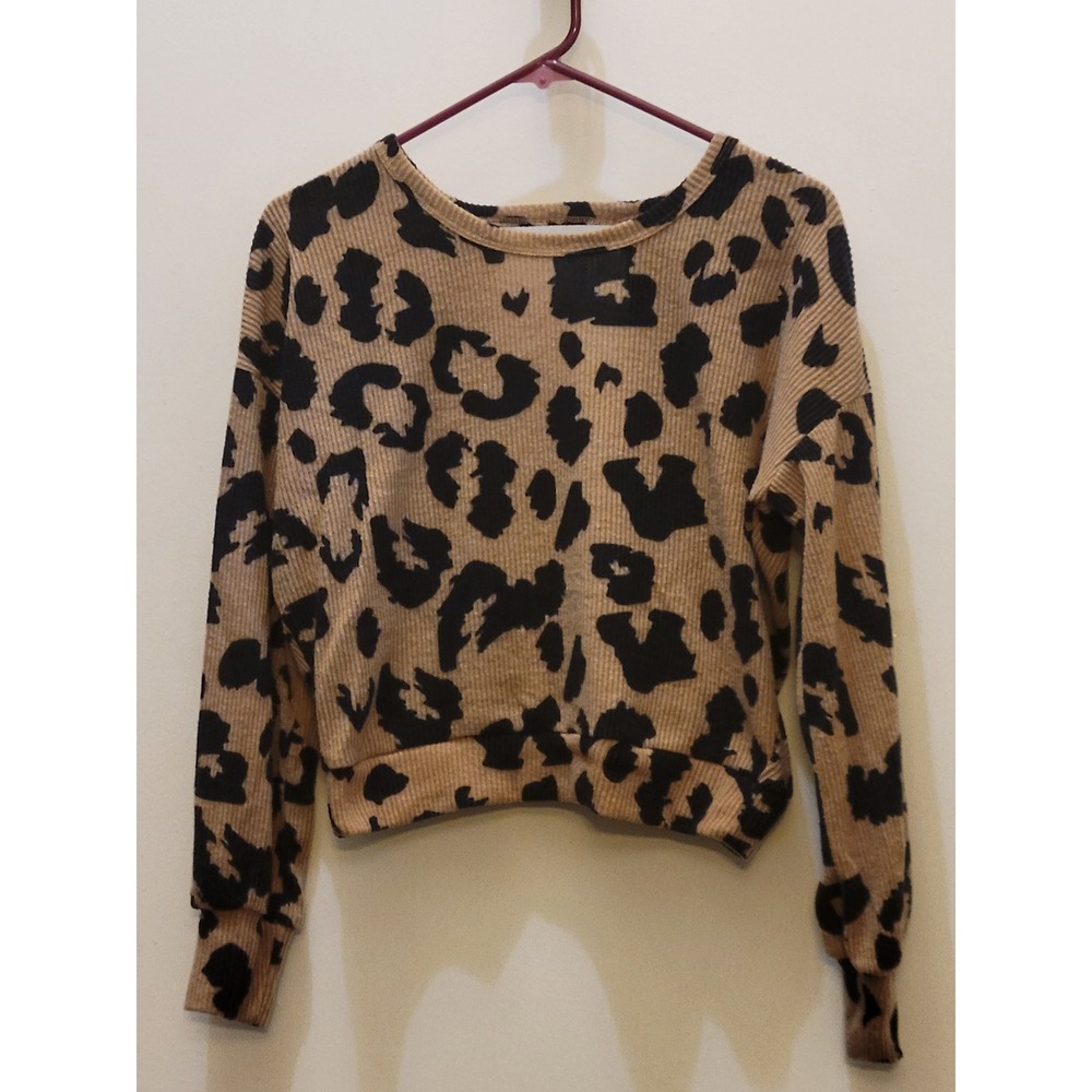 Rue21 Womens Leopard Print Open Back Ribbed Knit Long Sleeve Top XS TanBlack 203